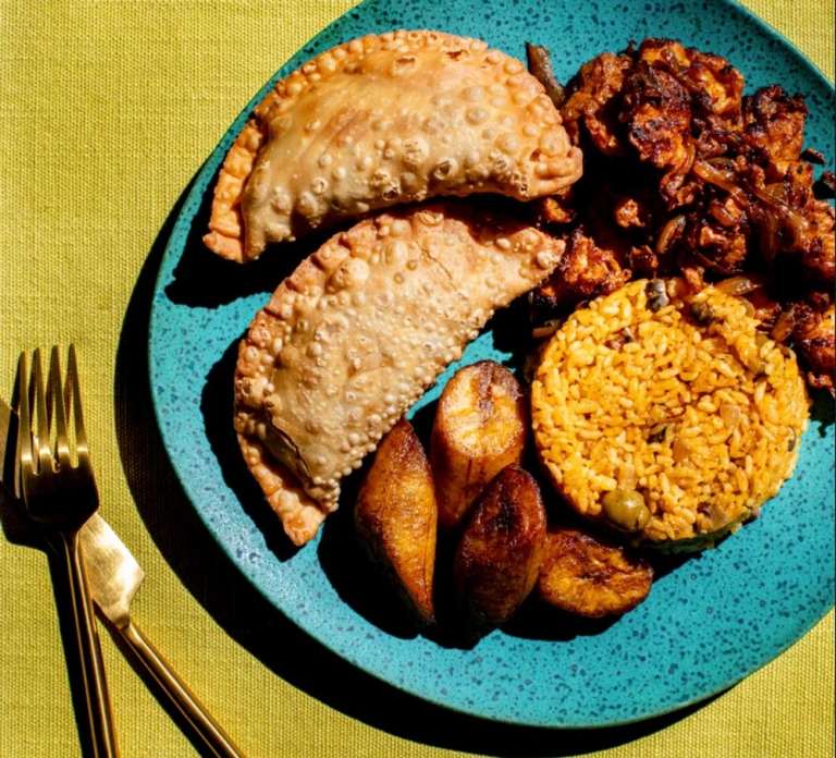 top view of a plate of food and utensils