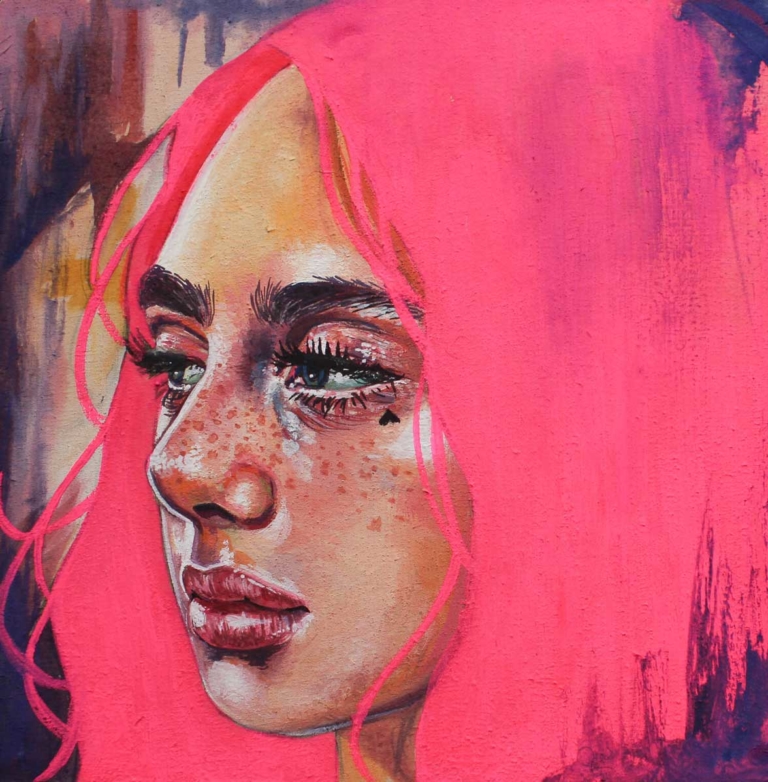 painting of young woman with bright pink hair