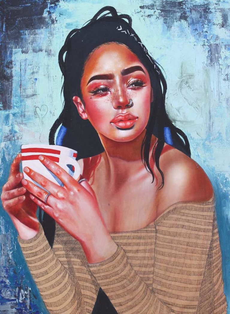 painting of woman with red and white mug