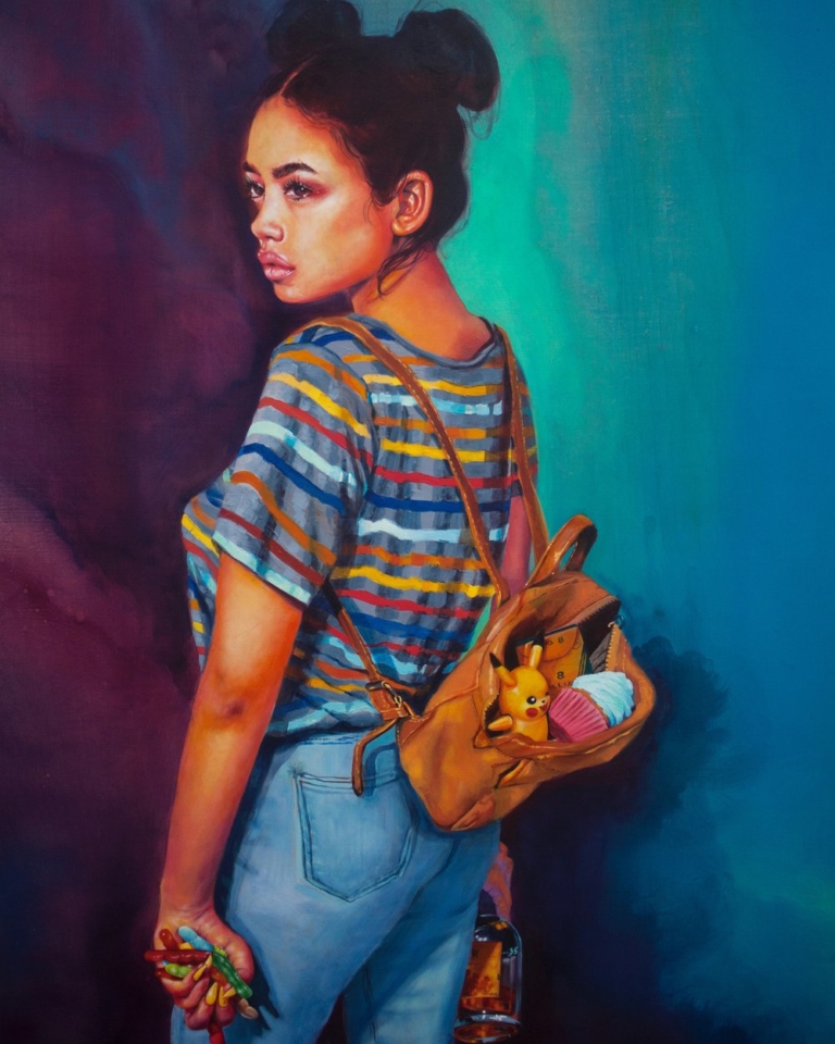 painting of woman with striped shirt and backpack
