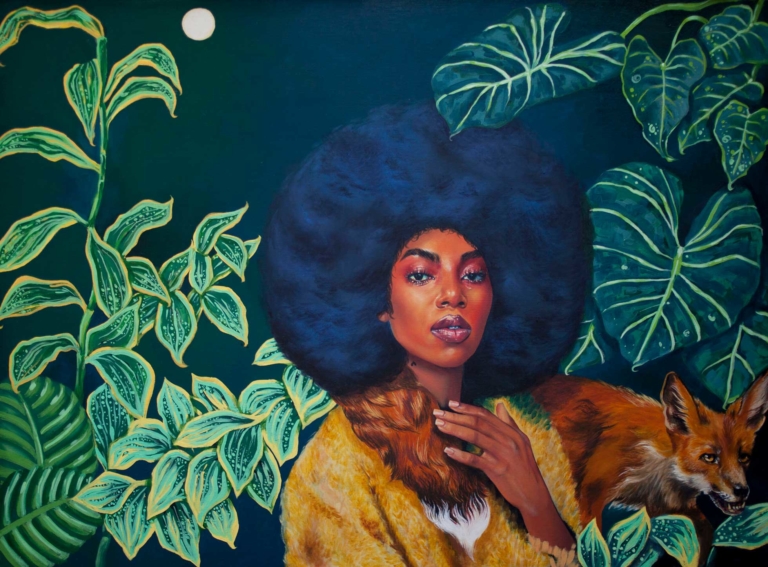 painting of woman with afro with foliage
