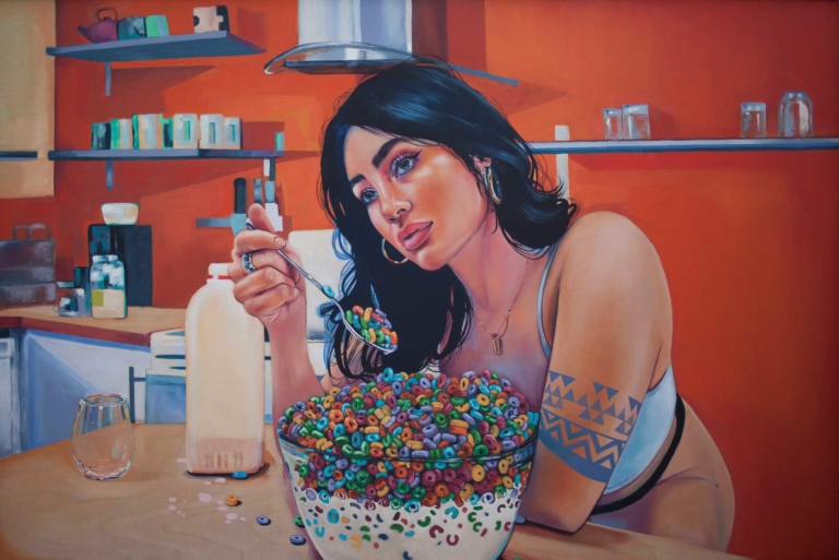 painting of woman eating very large bowl of cereal