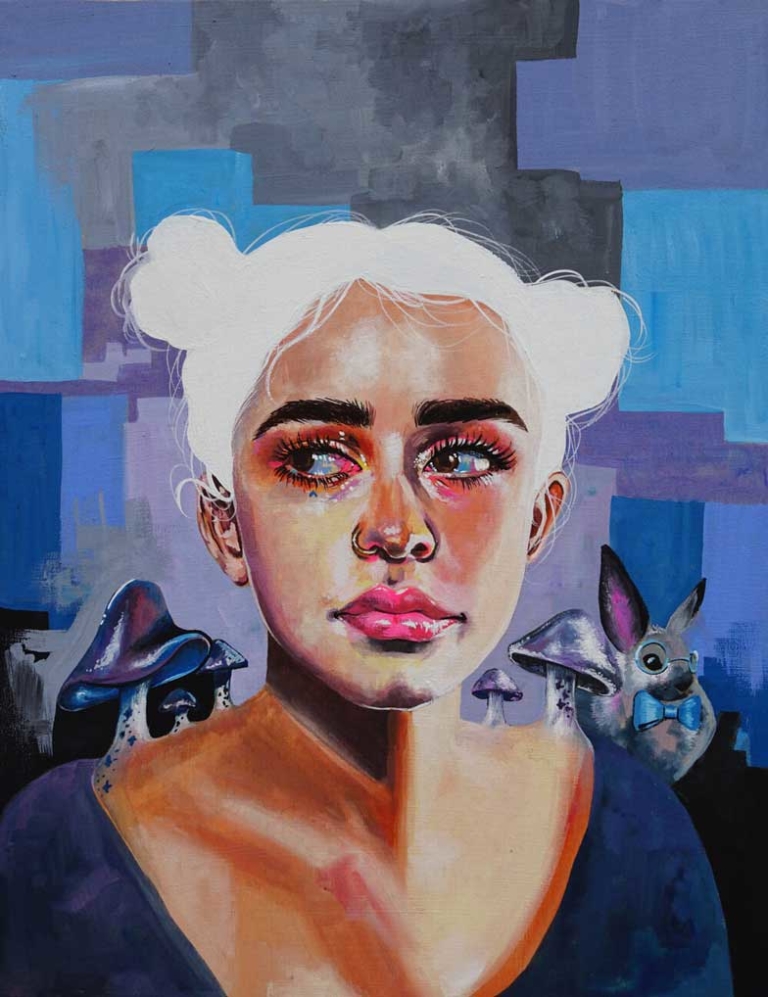 painting of woman with white hair, 2 buns