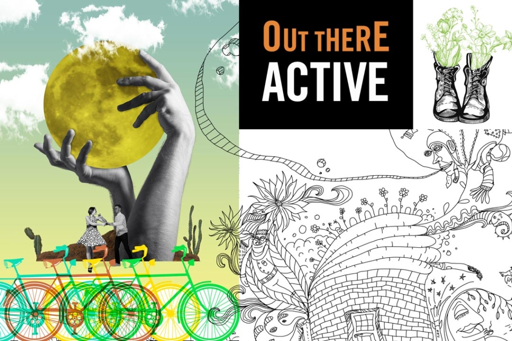 Collage of outdoor images labeled Out There Active