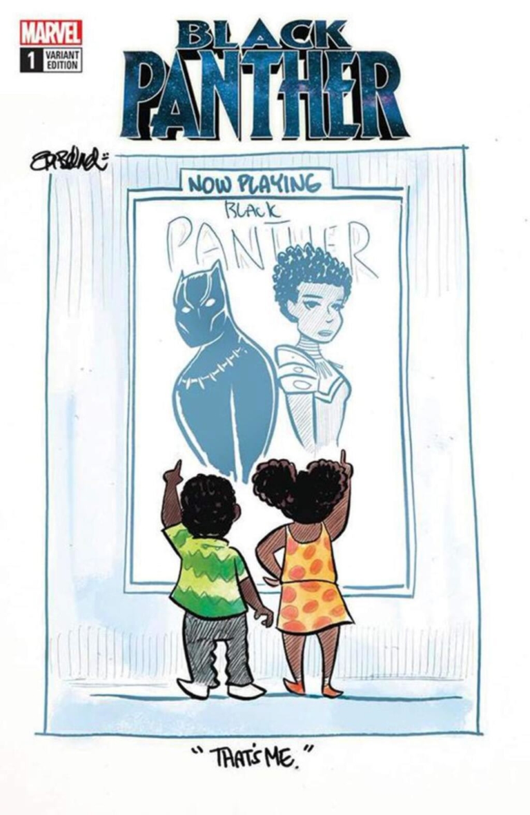 cartoon children pointing at Black Panthe movie poster