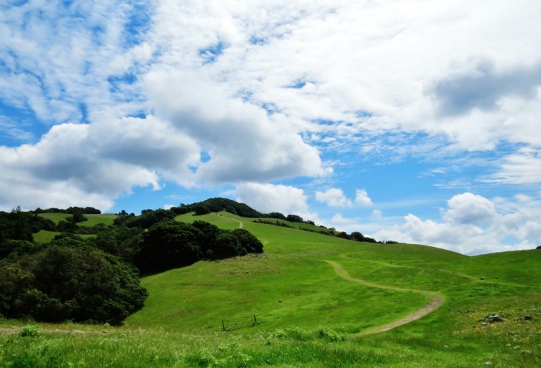 a green hill and a blue sky filled with clouds
