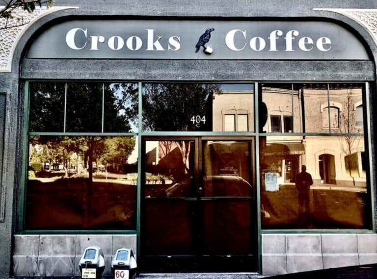 Exterior front door of Crooks Coffee shop in Santa Rosa
