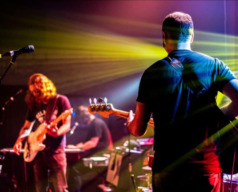 Live band at Victory House from behind bass player