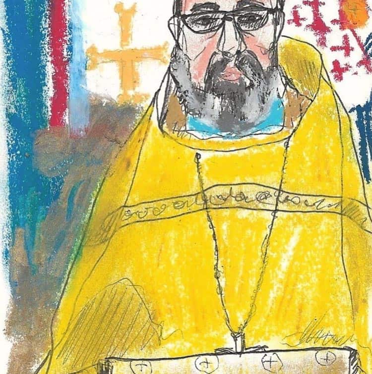 Watercolor of priest at Santa Rosa's St Seraphim