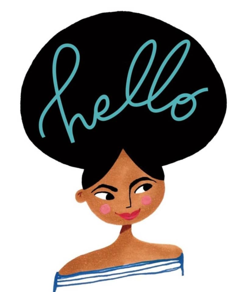 Nicole Jones illustration - woman with Hello written on her hair